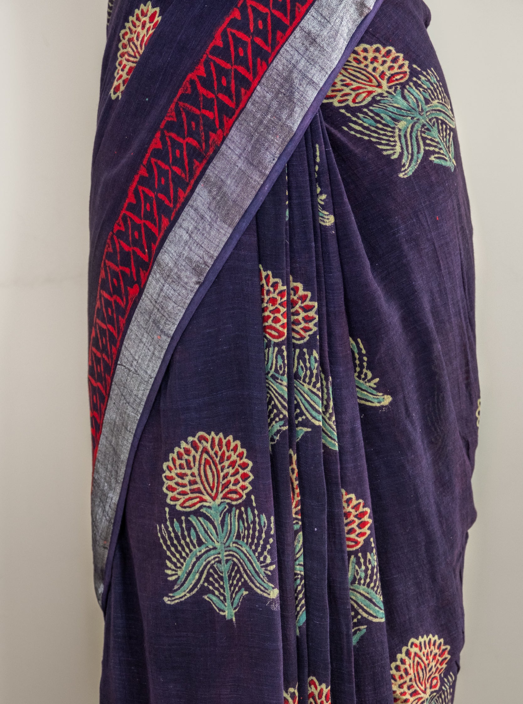 Neela Hand block Linen Saree- Tisi