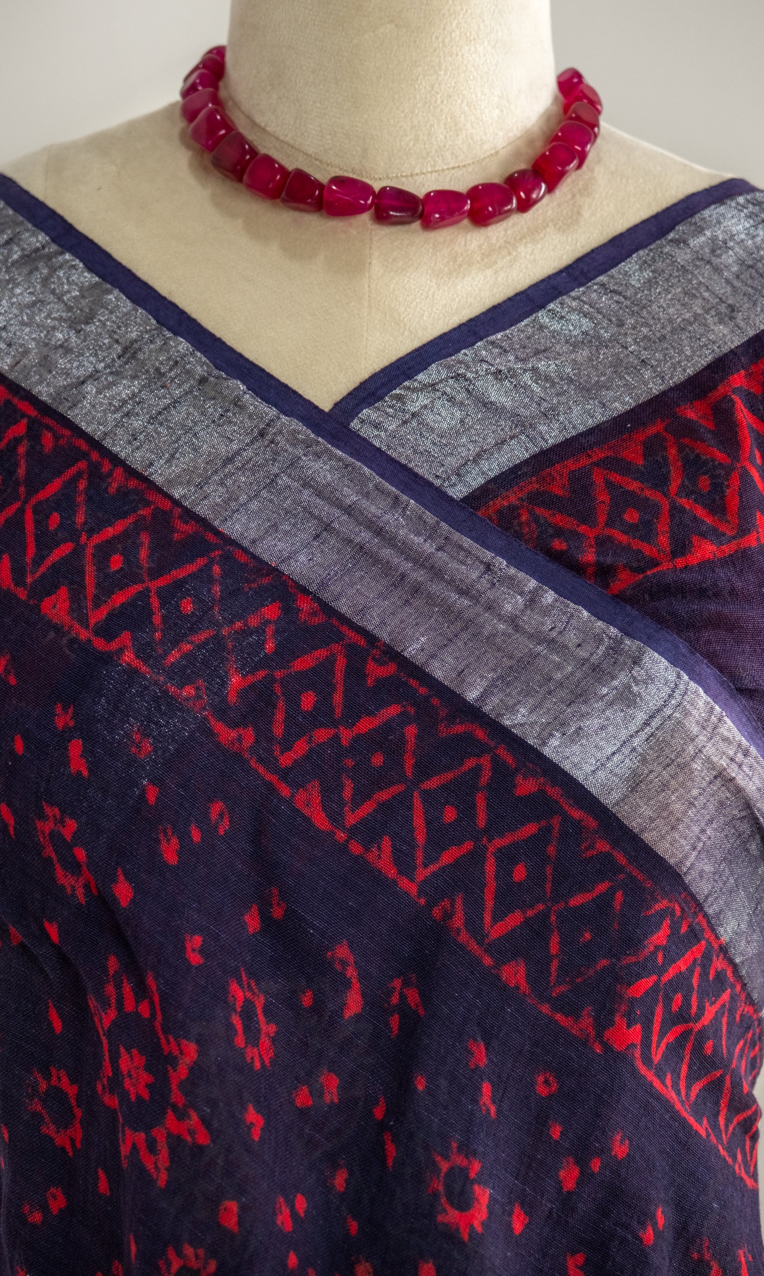 Neela Hand block Linen Saree- Tisi