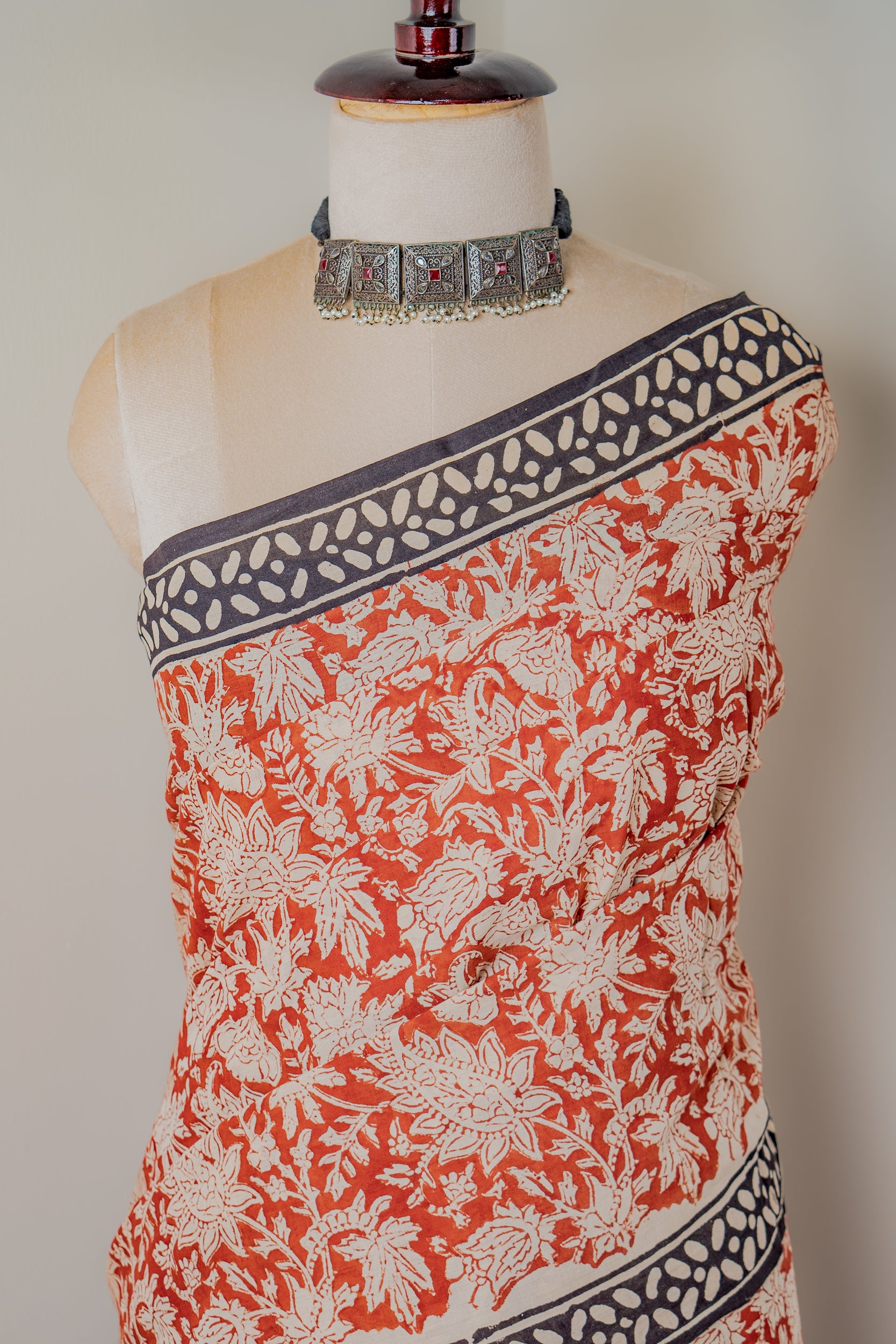 Red Hand block Mul cotton Saree- Sanjh