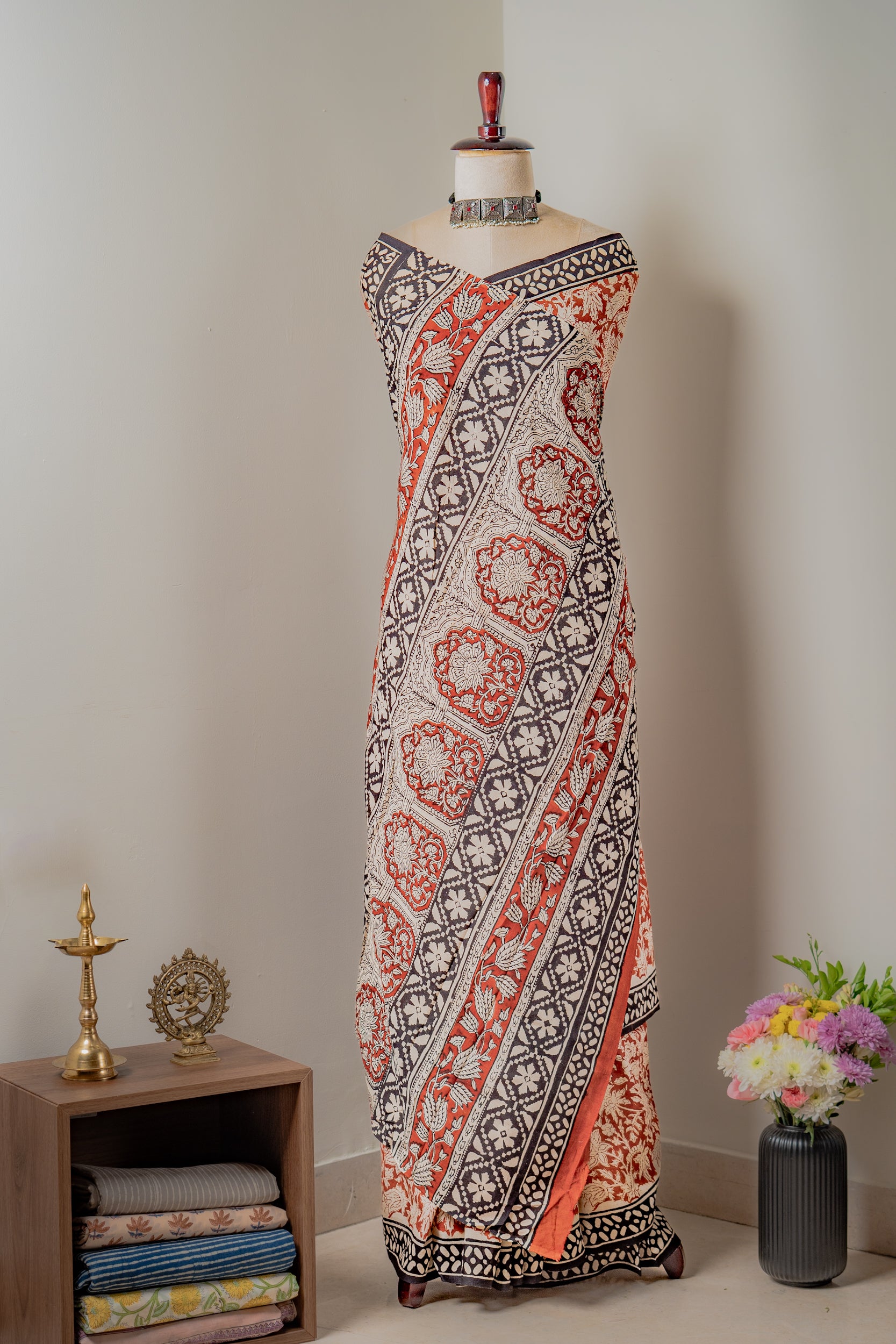 Red Hand block Mul cotton Saree- Sanjh
