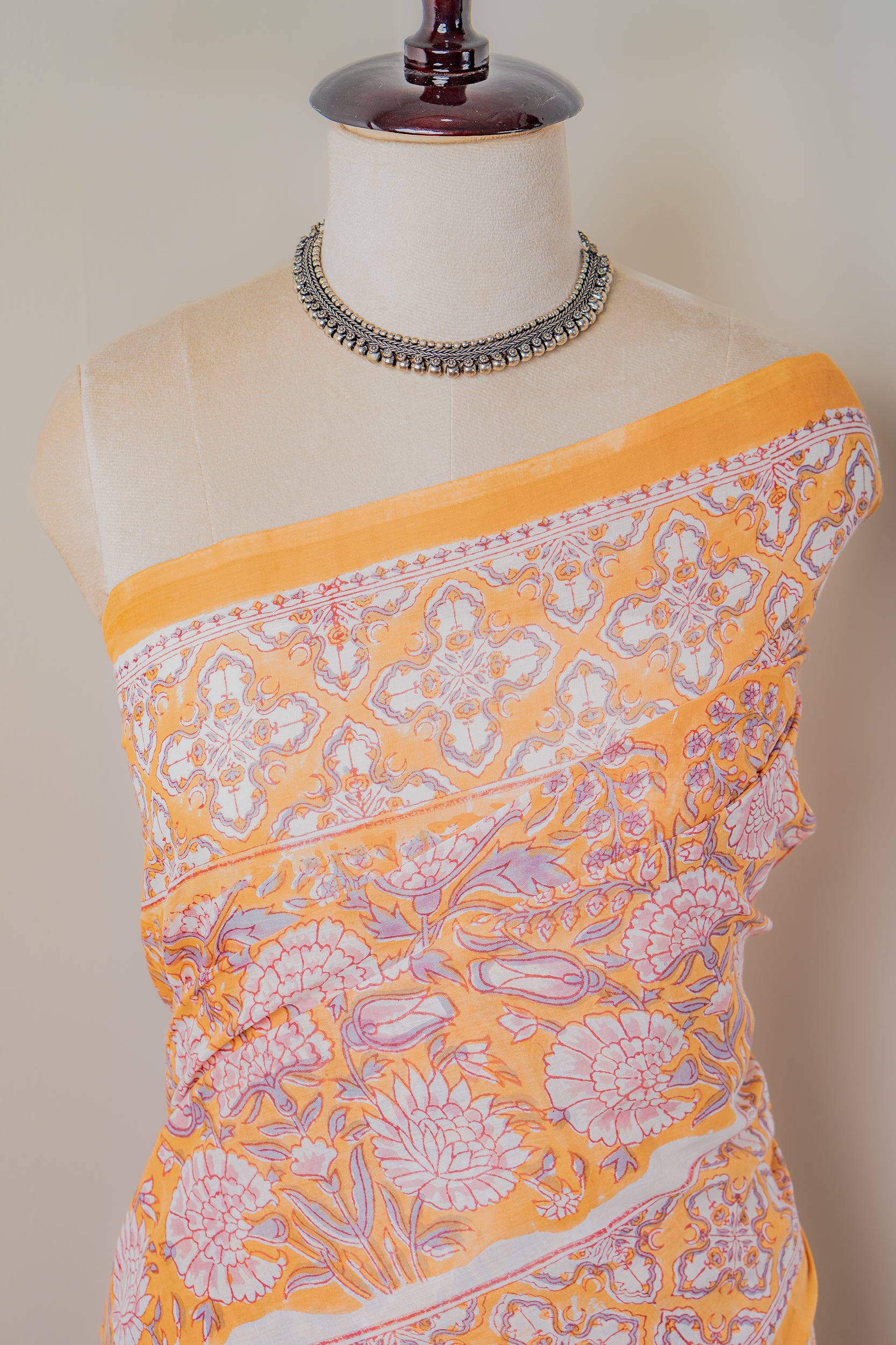 Orange- Hand block Mul cotton Saree- Sanjh