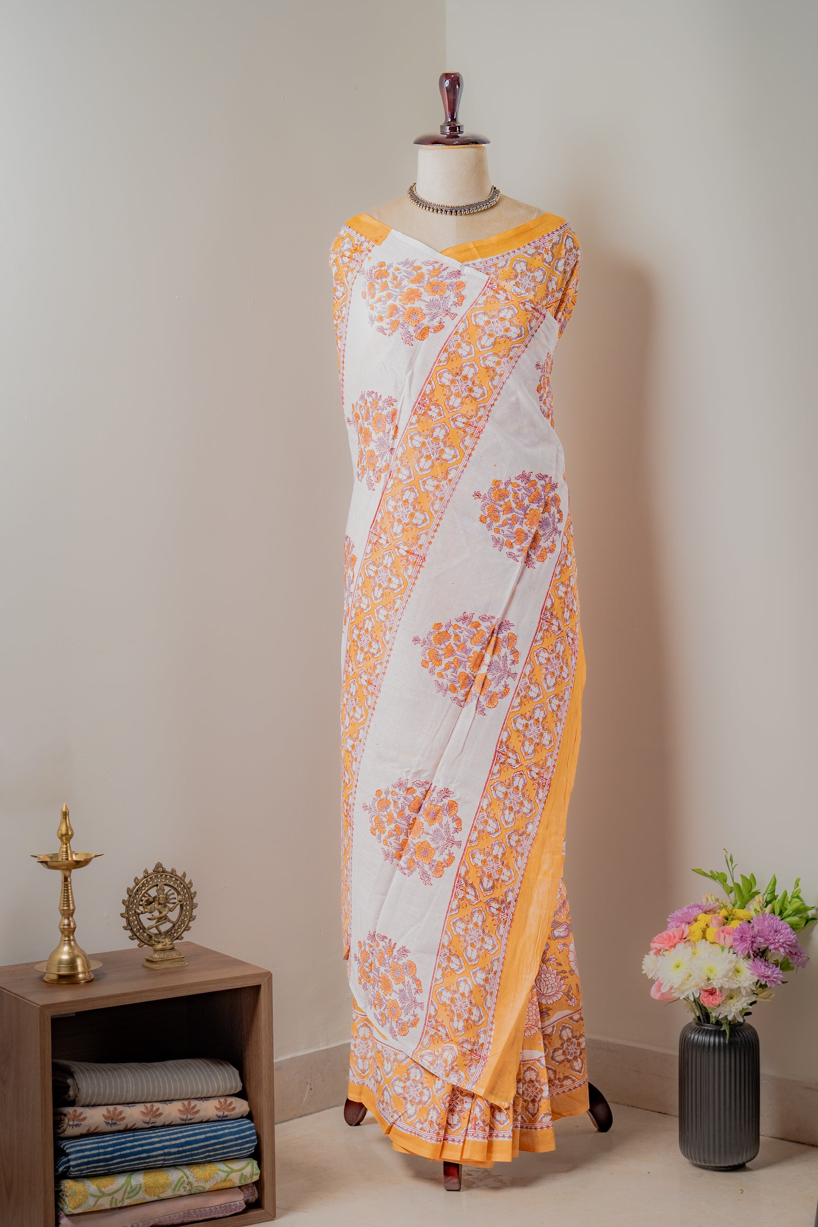 Orange- Hand block Mul cotton Saree- Sanjh
