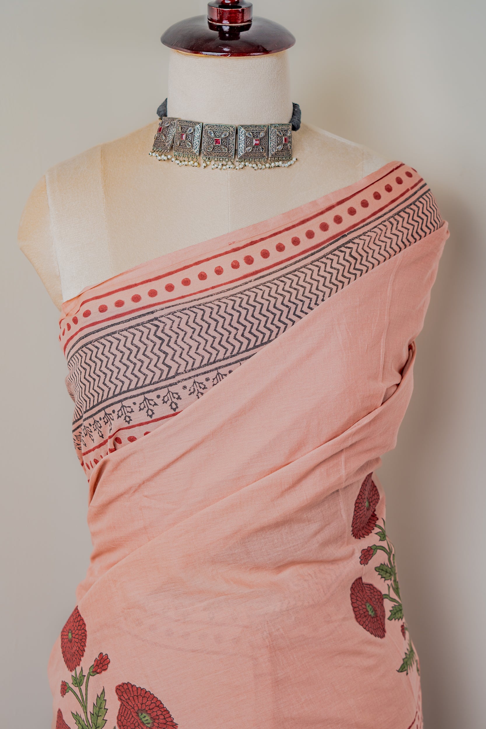 Gulab Hand block Mul cotton Saree- Sanjh