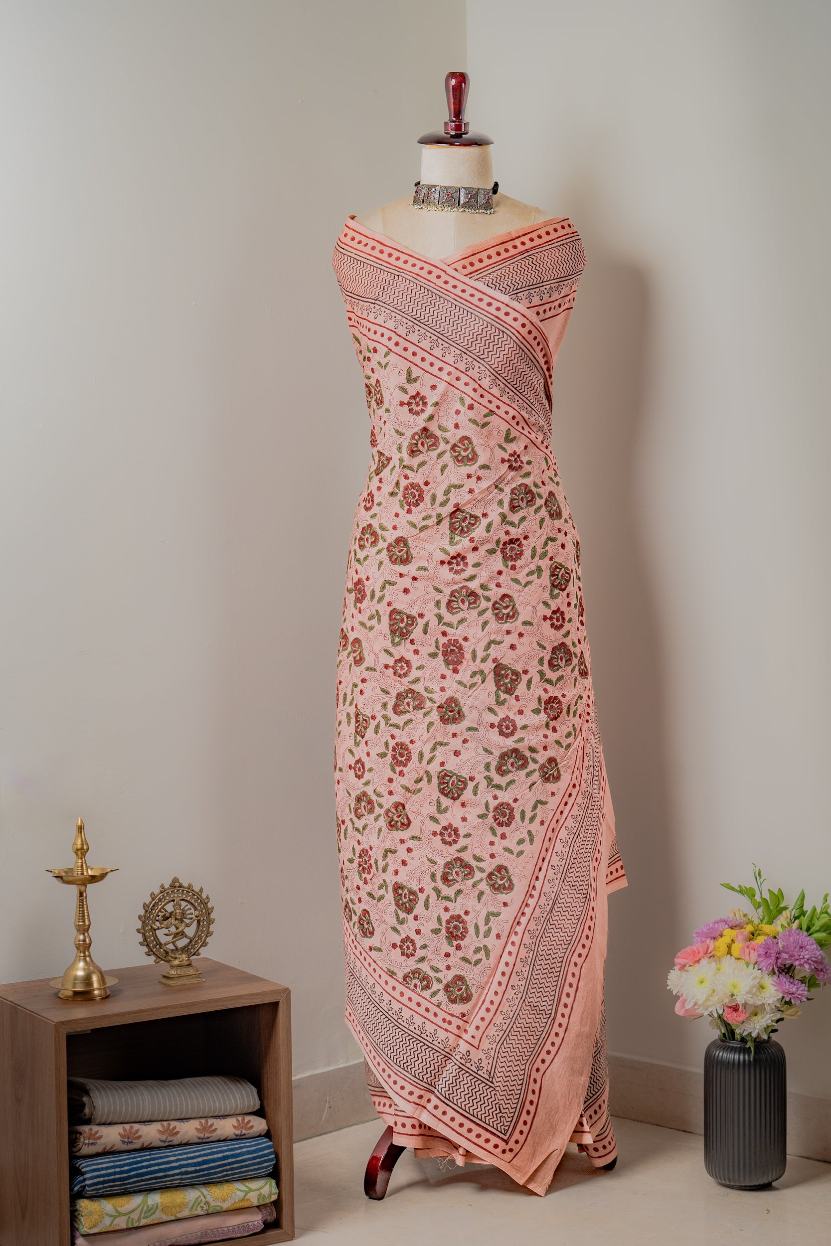 Gulab Hand block Mul cotton Saree- Sanjh