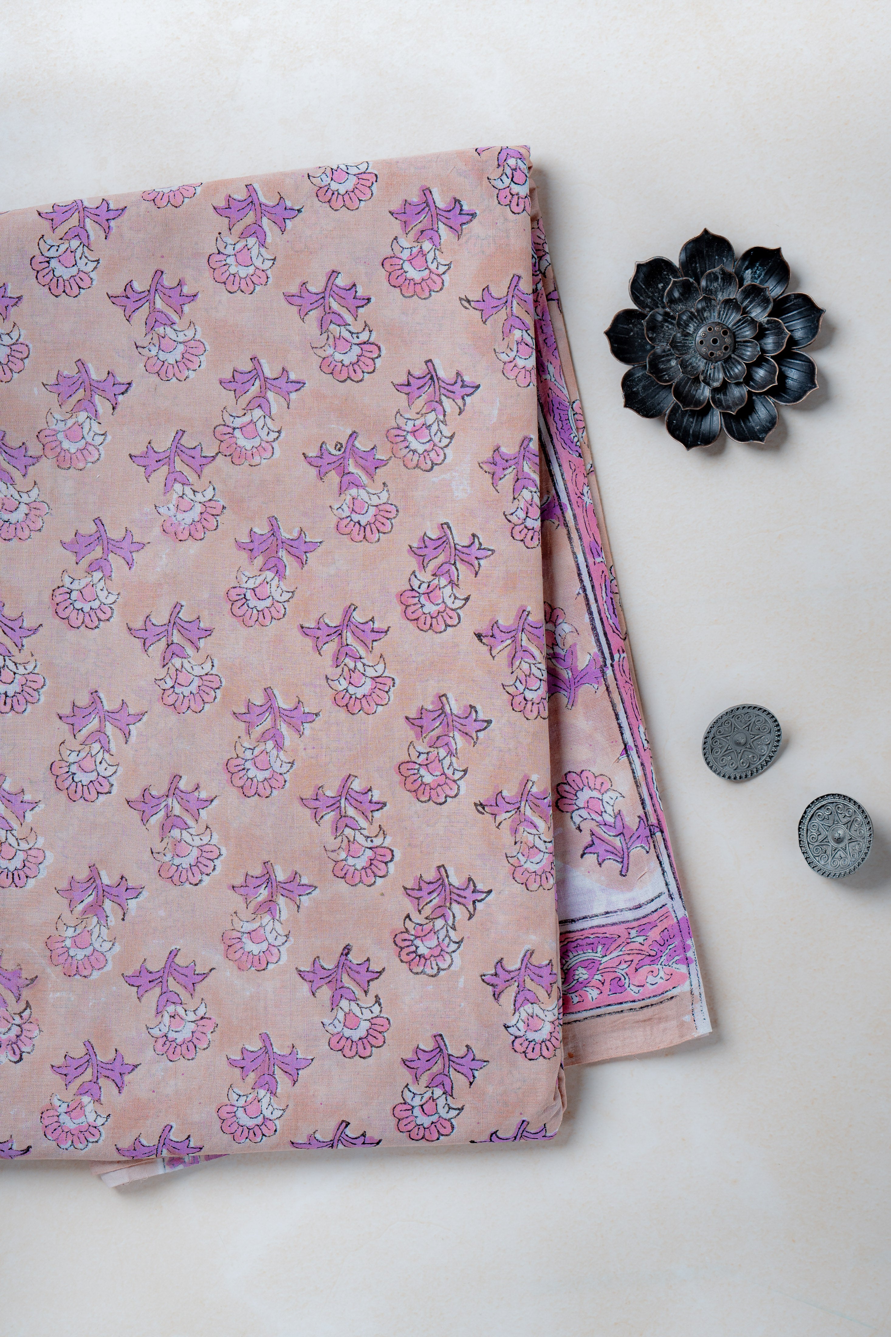 Peach Hand block Mul cotton Saree- Sanjh