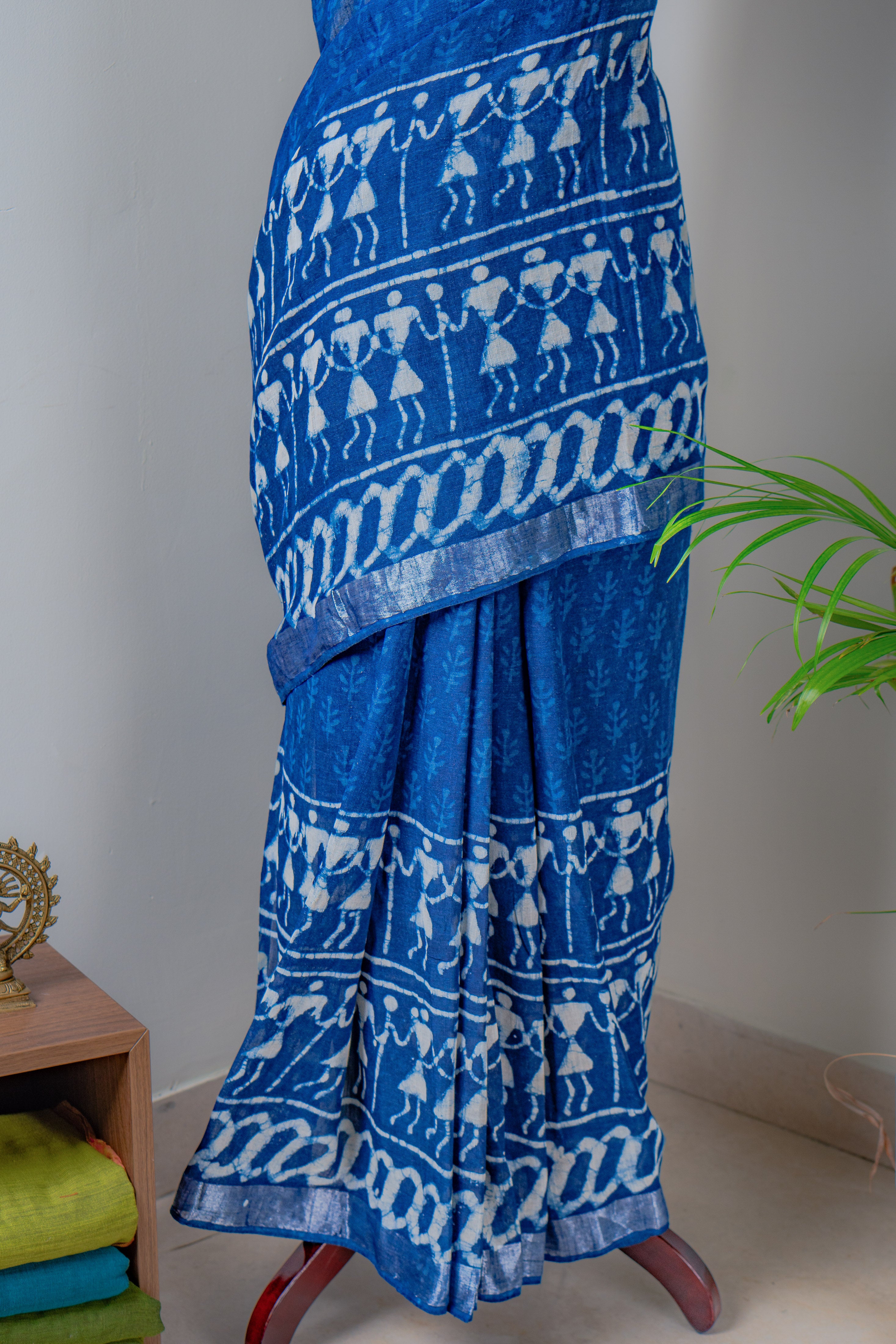 Indigo Hand block Linen  Saree- Tisi