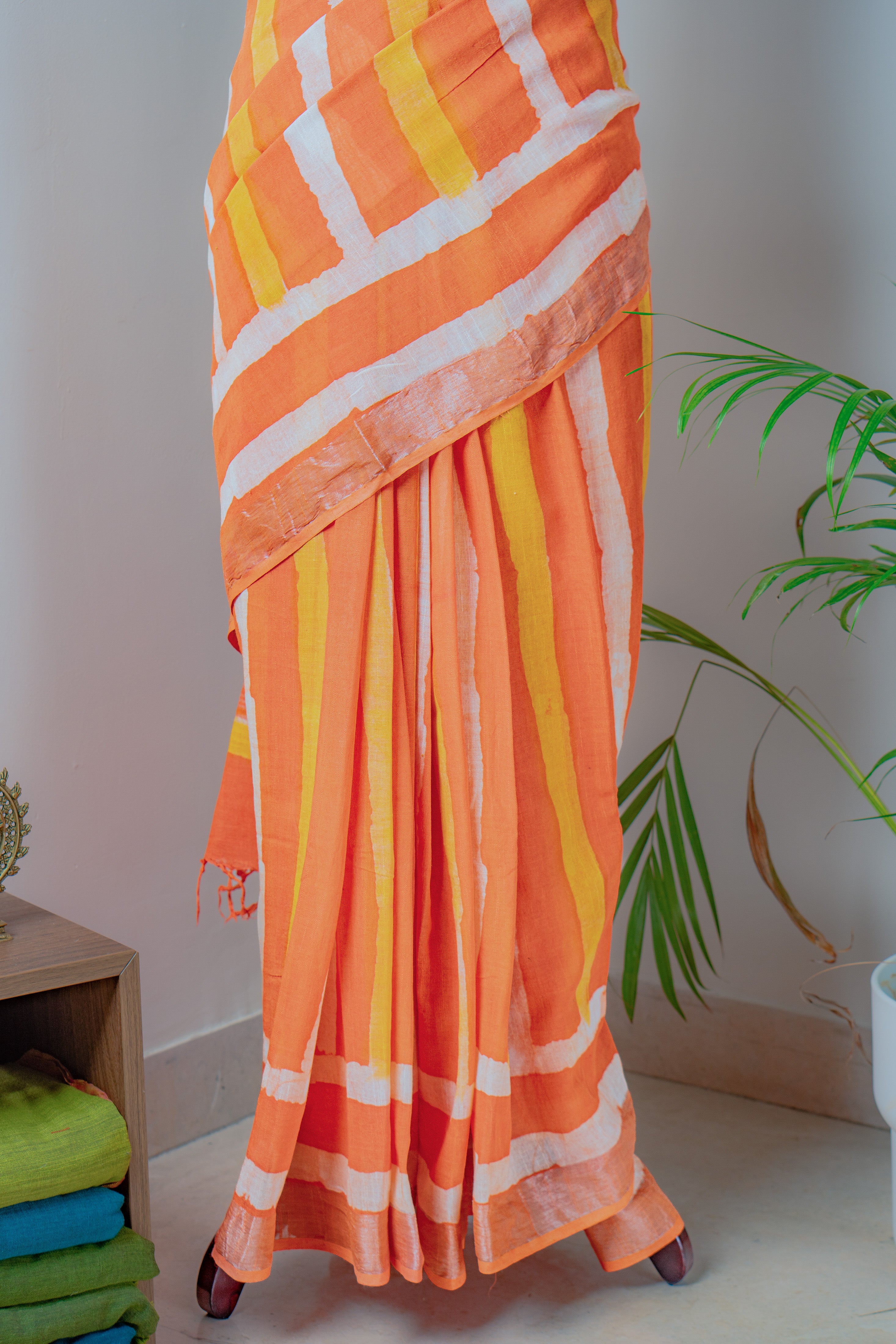 Narangi Hand block Linen  Saree- Tisi