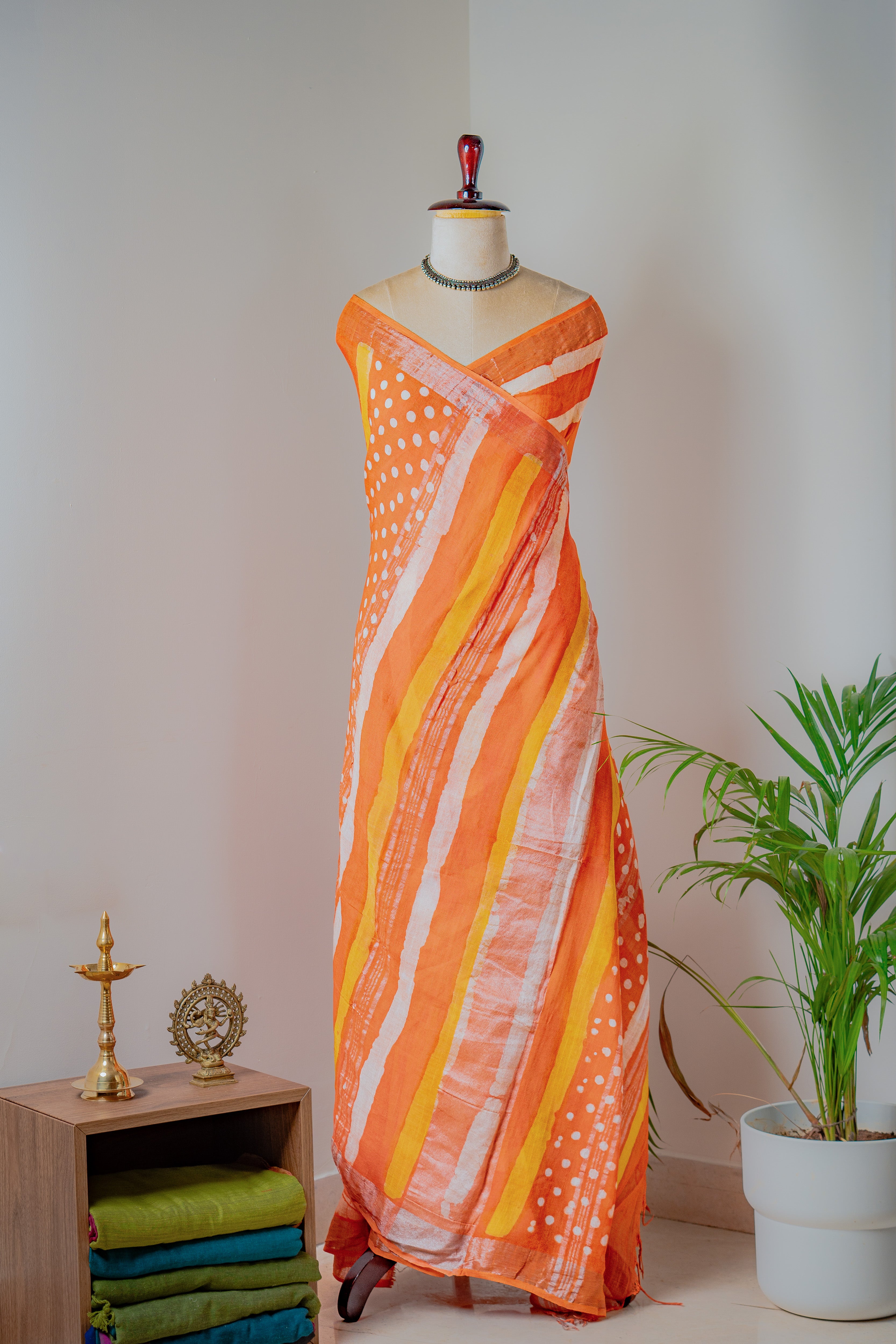 Narangi Hand block Linen  Saree- Tisi