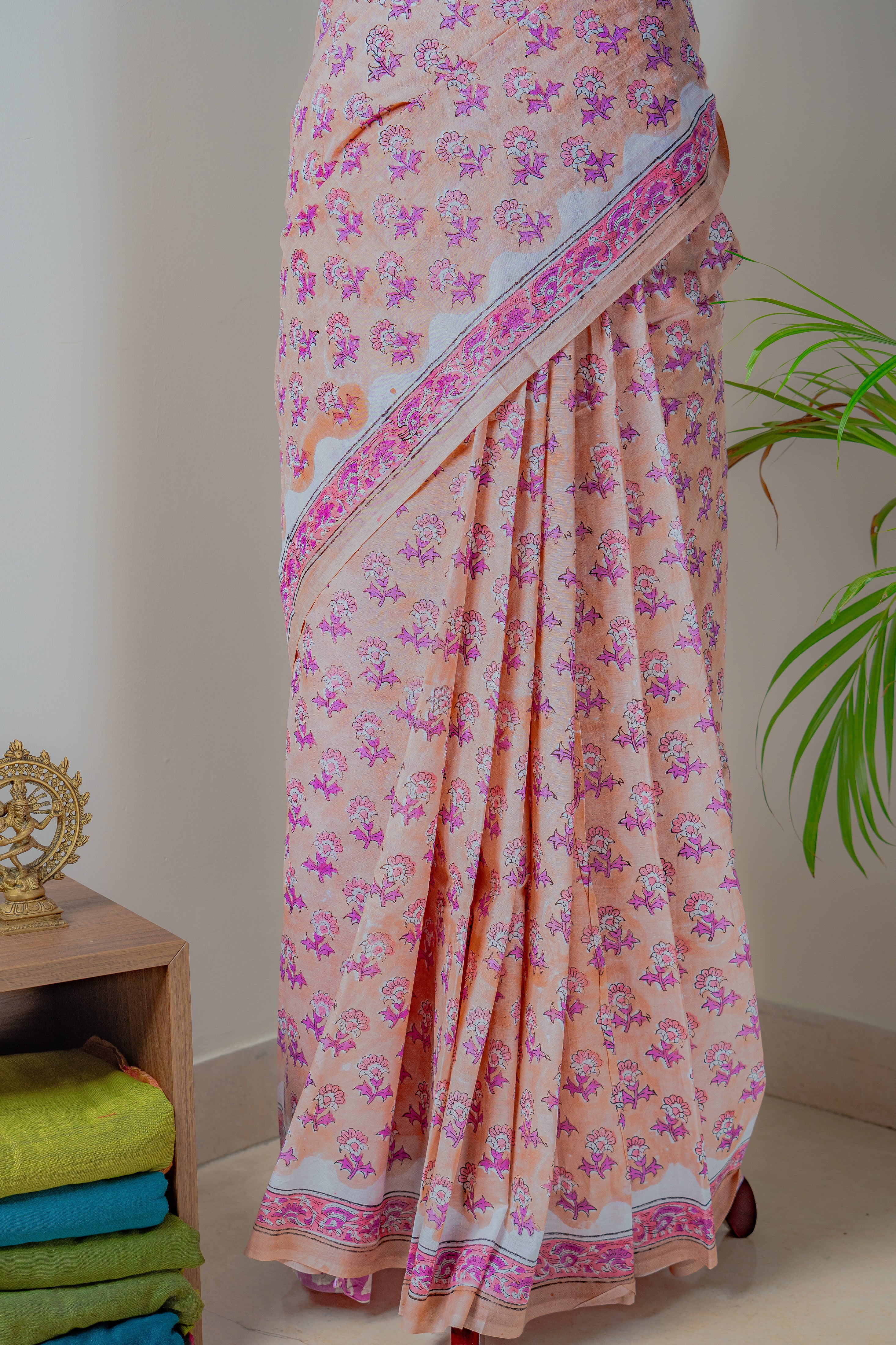 Peach Hand block Mul cotton Saree- Sanjh