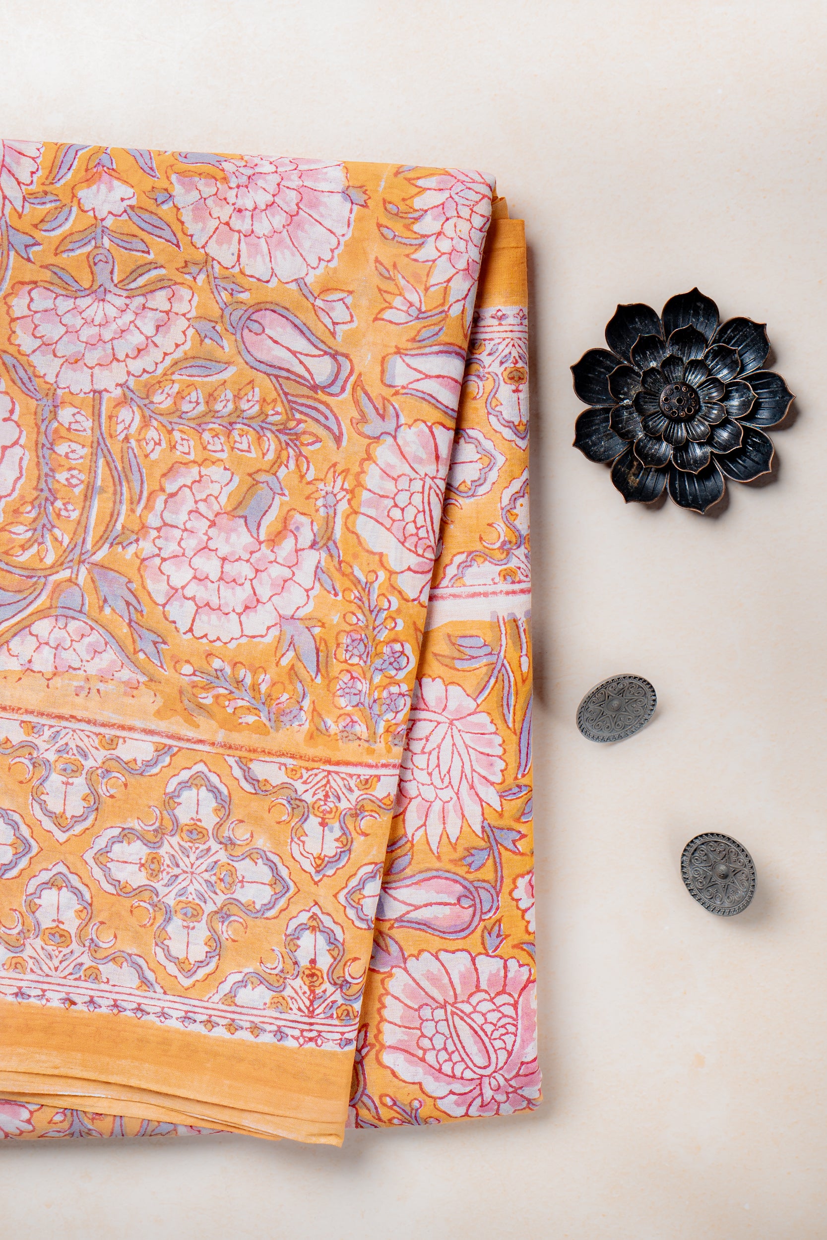 Orange- Hand block Mul cotton Saree- Sanjh