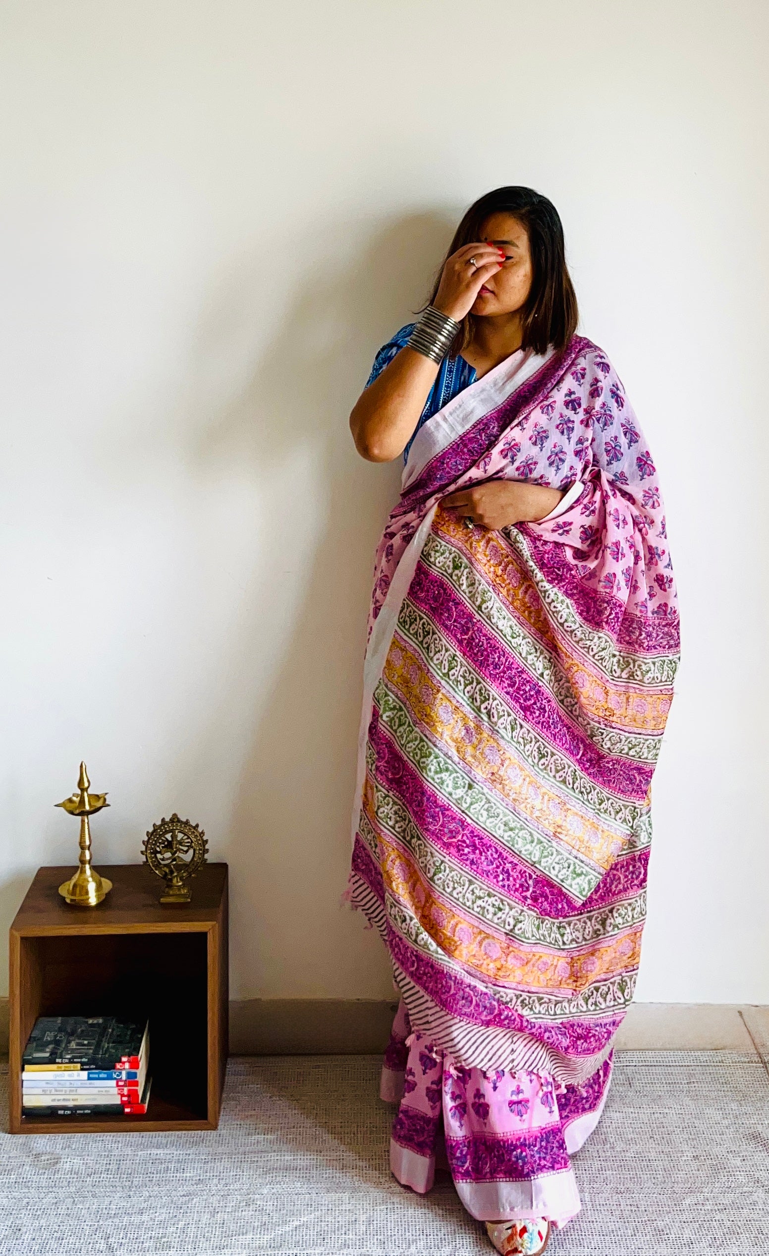 Gulabi Hand block Linen  Saree- Tisi