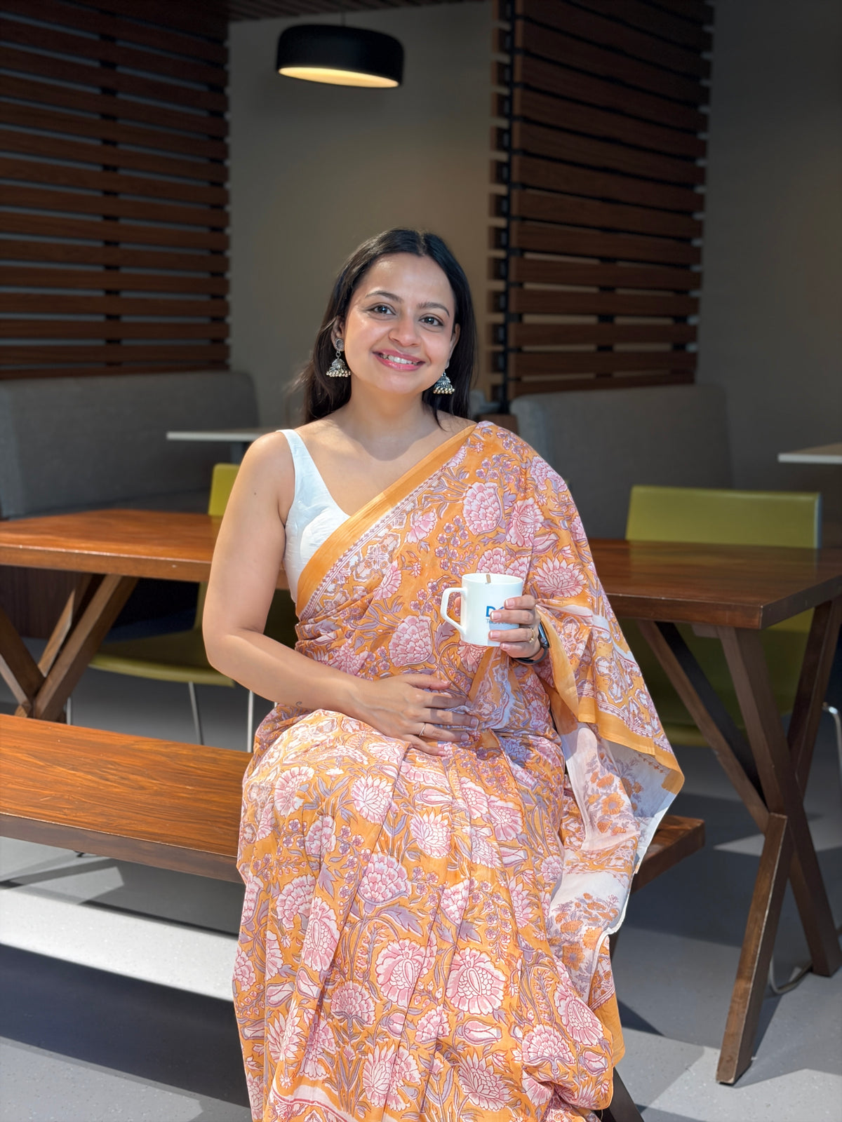 Orange- Hand block Mul cotton Saree- Sanjh