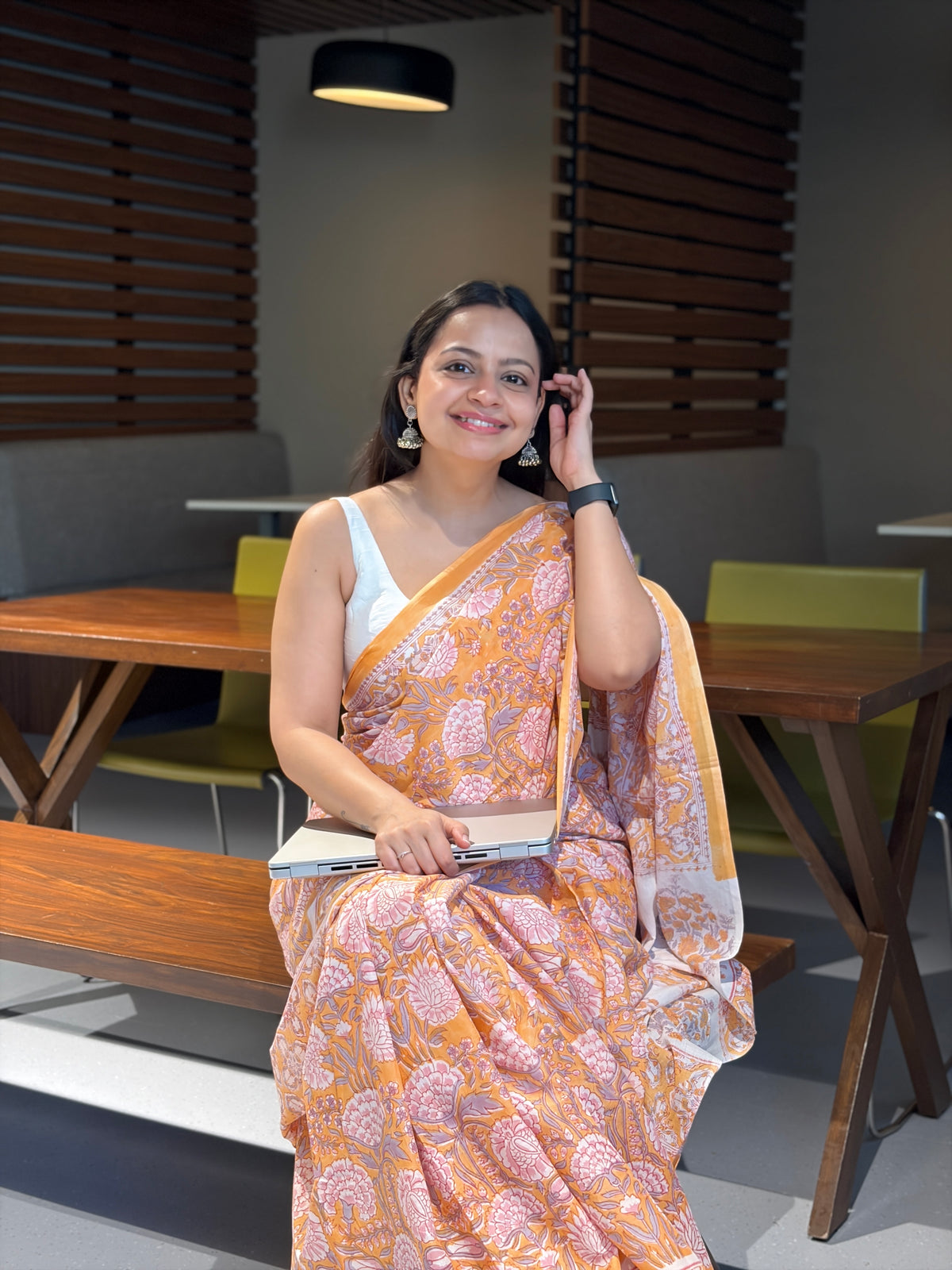Orange- Hand block Mul cotton Saree- Sanjh